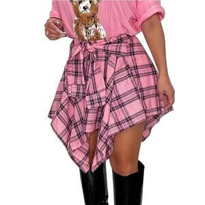 Women's Asymmetrical Hemline Plaid Front Tie Skirt -A